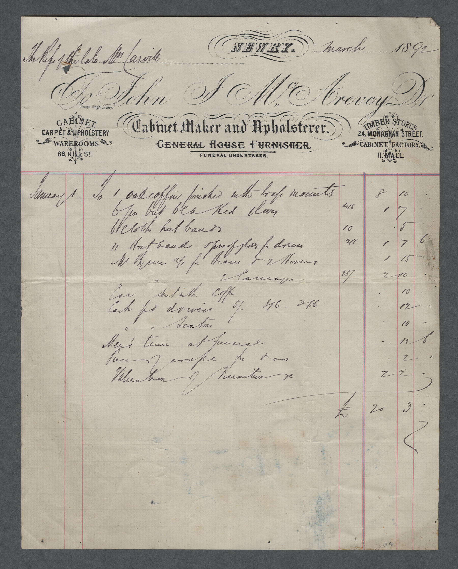 Invoice for coffin purchased by Carvill, March 1892