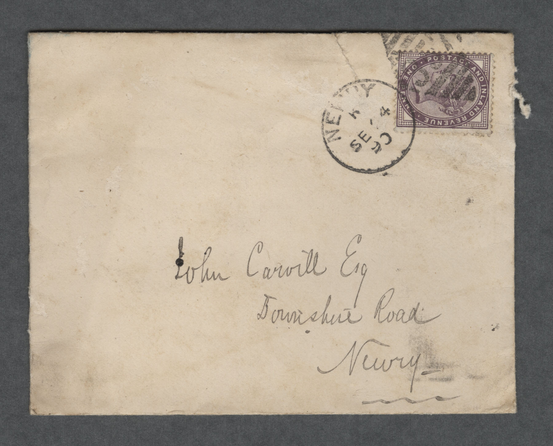 Envelope, assumed to have been used to send Kilbroney valuation to John Carvill, Sept 4,1890