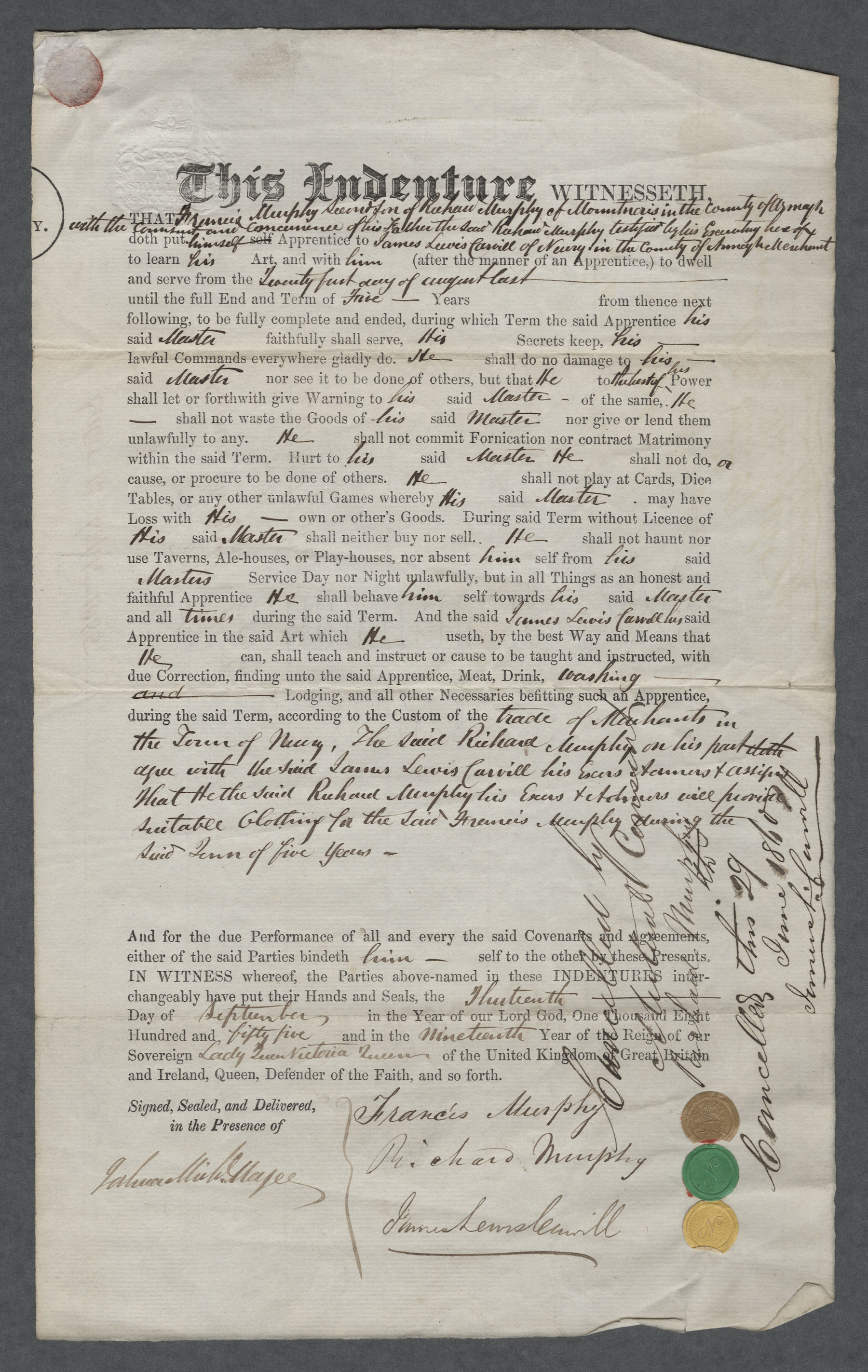 Indenture of Apprentice Francis Murphy 1855