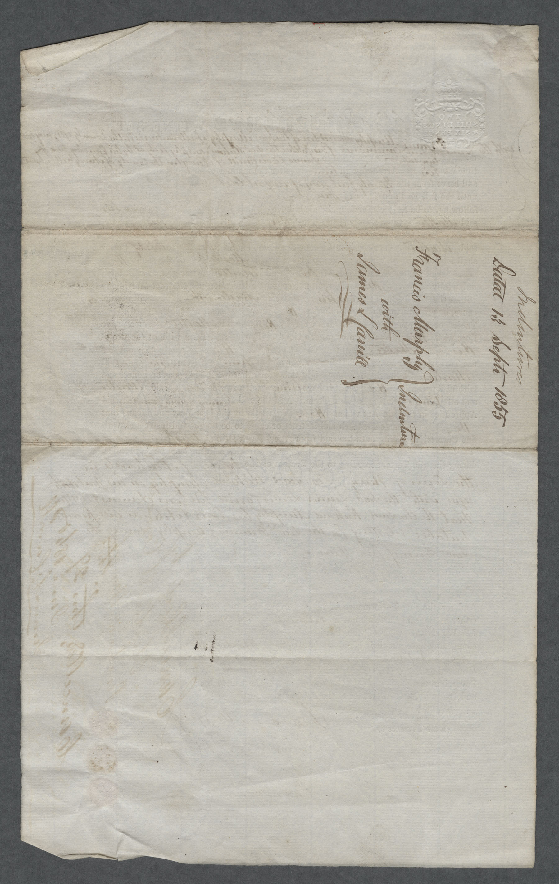 Indenture of Apprentice Francis Murphy 1855, reverse side