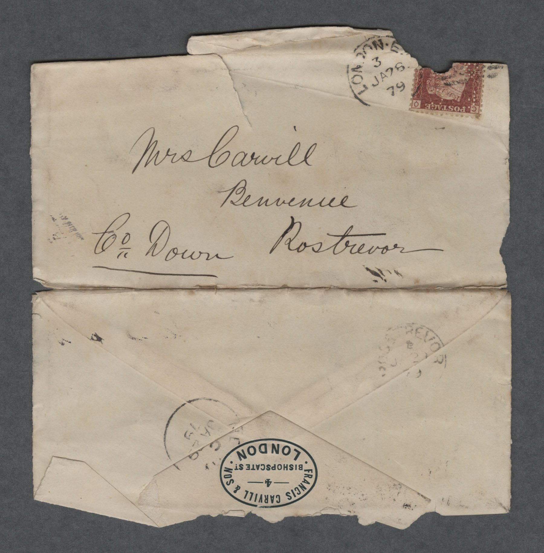 Letter from John Carvill to his mother, dated 27 Jan 1878 - envelope dated 26 Jan 1879