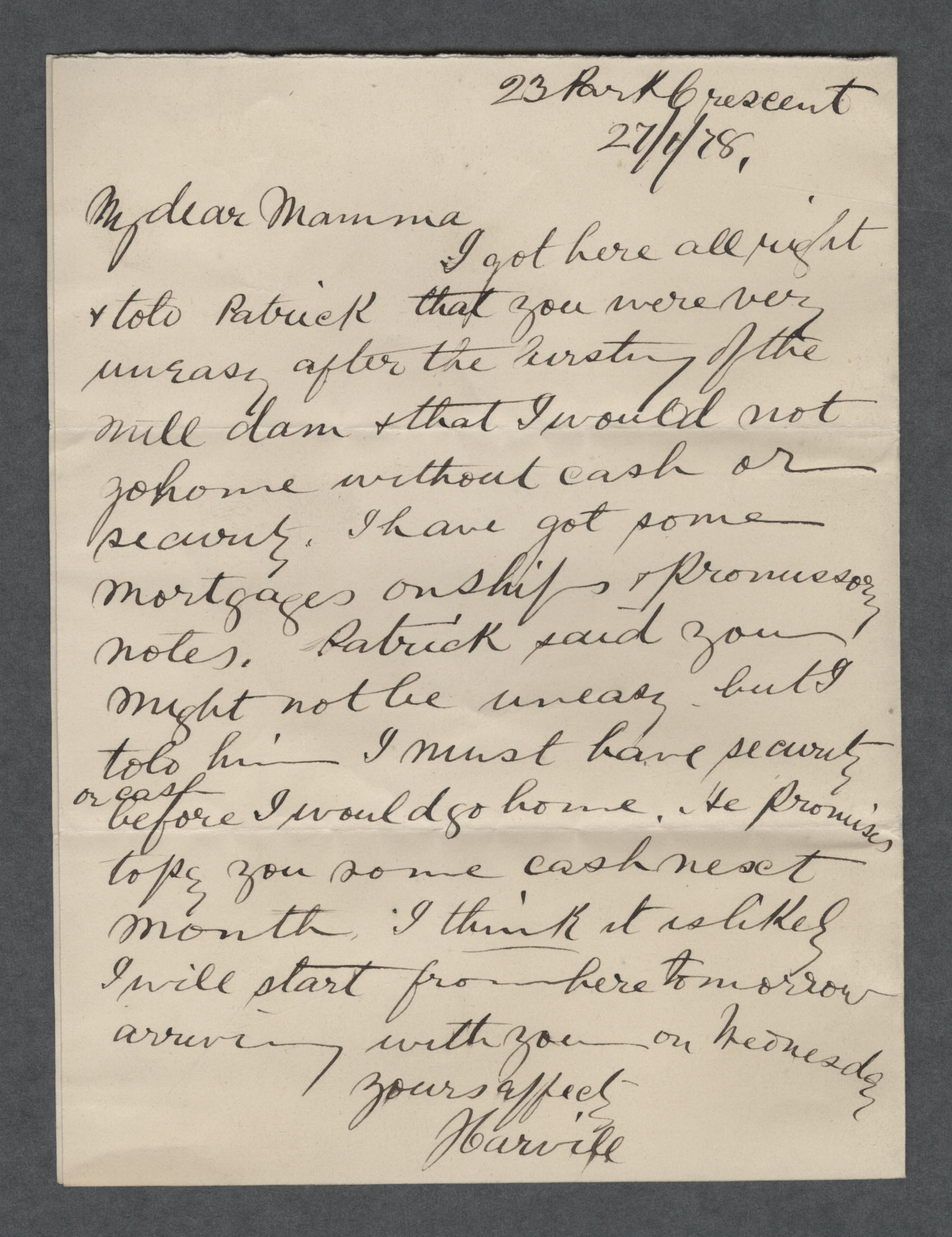 Letter from John Carvill to his mother, dated 27 Jan 1878 - one page