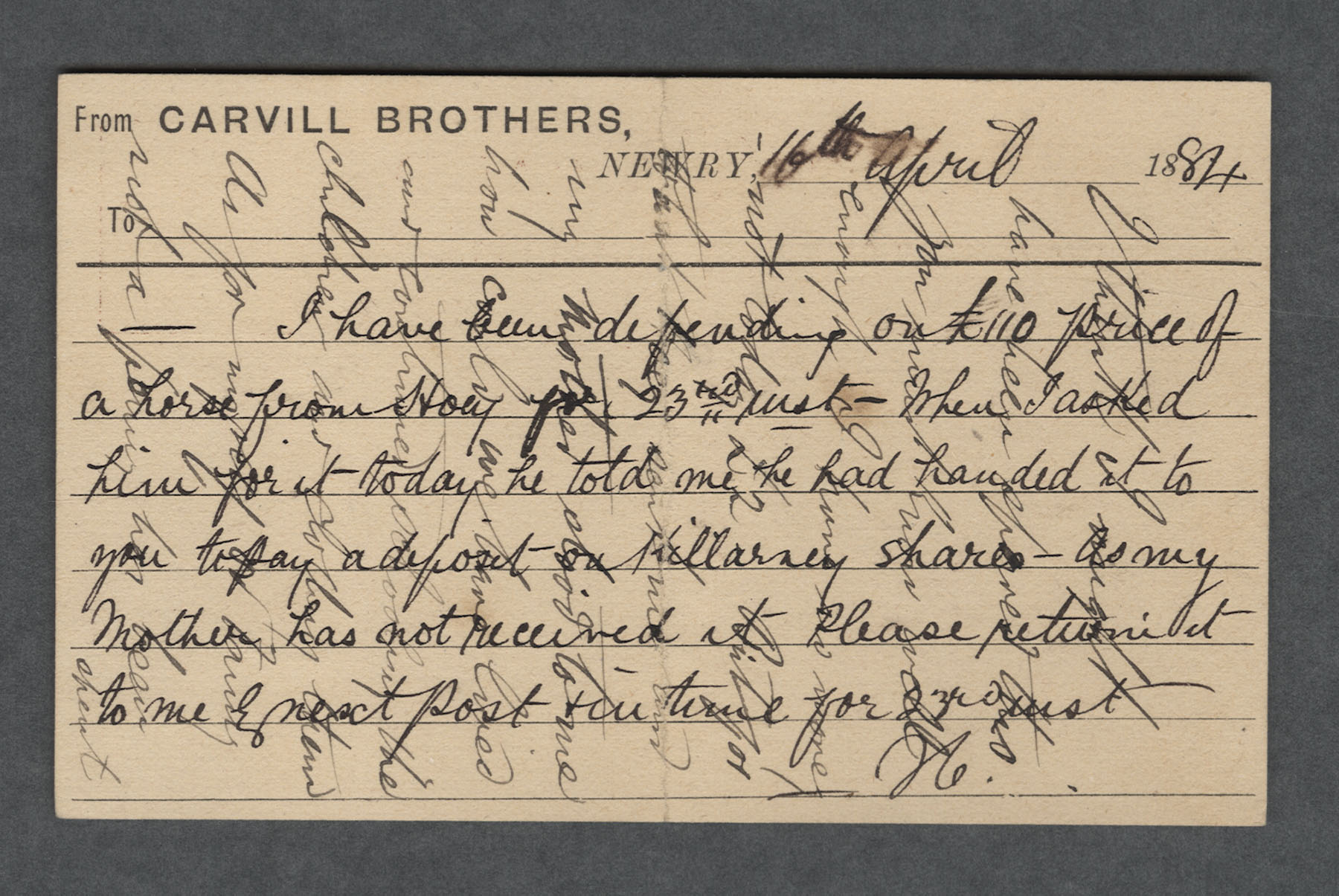 Postcard to PG Carvill from John Carvill dated 16 Apr 1884 written two directions - side two