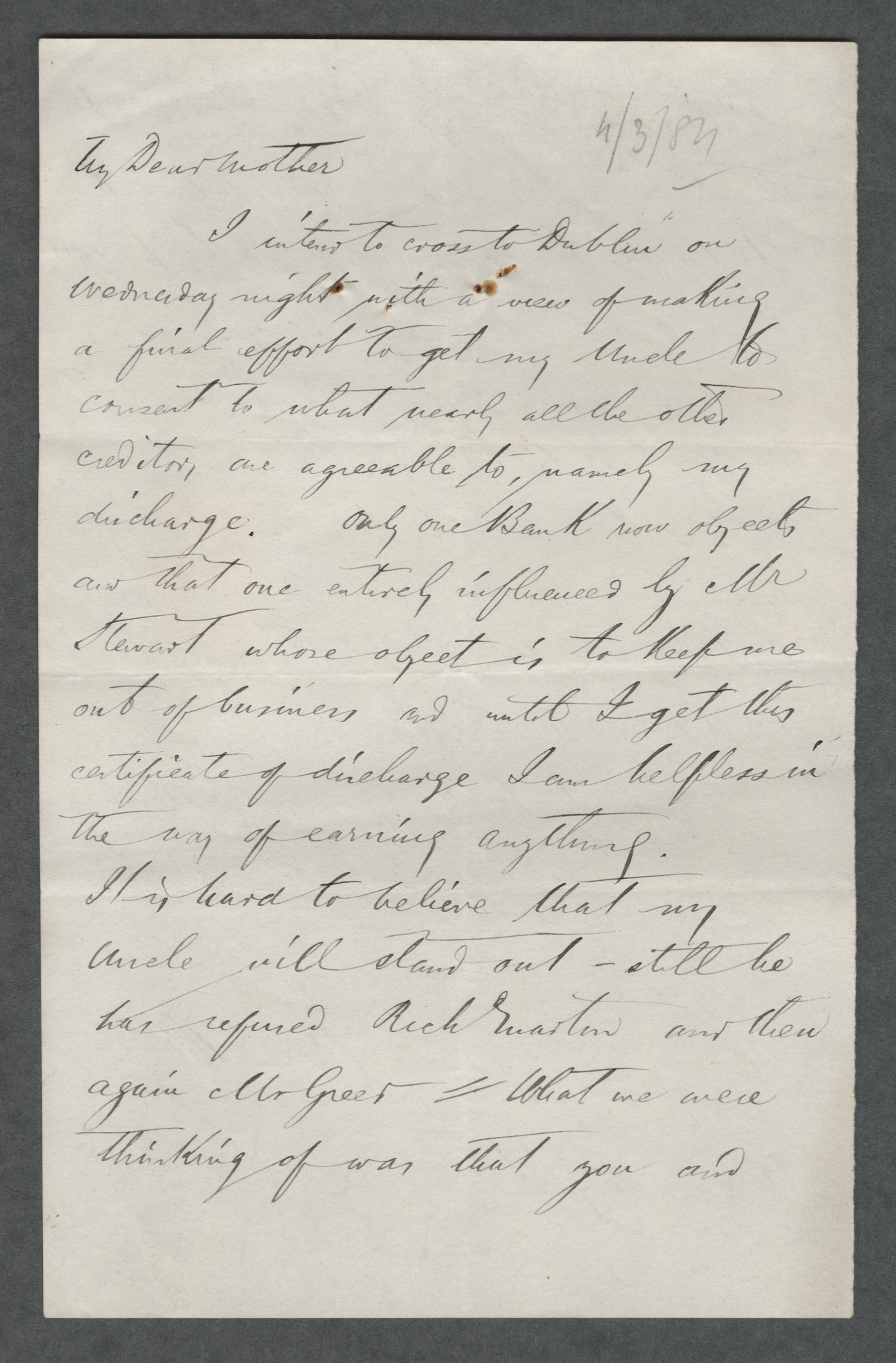 Letter to mother (Margaret Hamilton Carvill) from PGC (Patrick George Carvill), dated 4 Mar 1884, pg 1