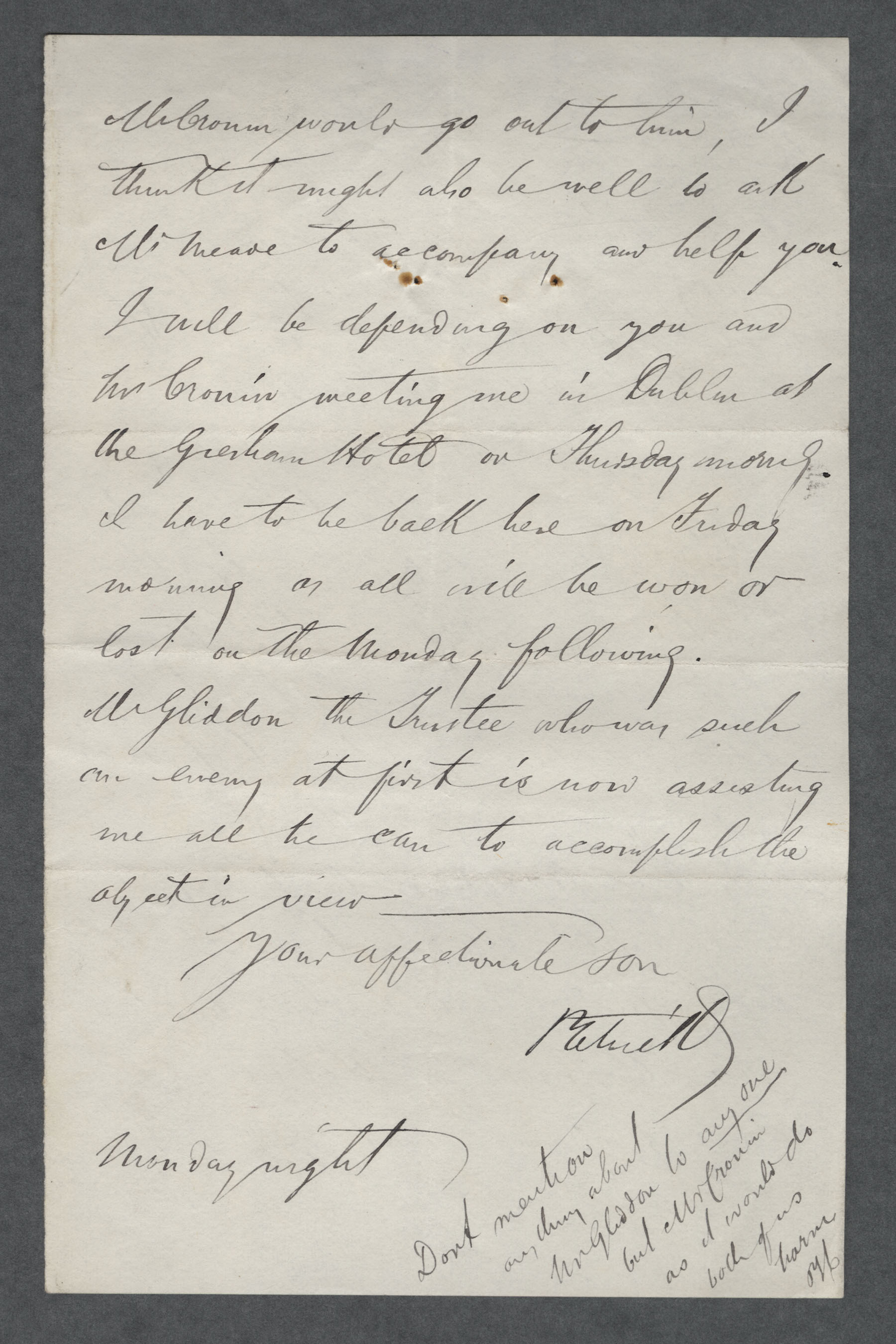 Letter to mother (Margaret Hamilton Carvill) from PGC (Patrick George Carvill), dated 4 Mar 1884, pg 2Box2F10_025