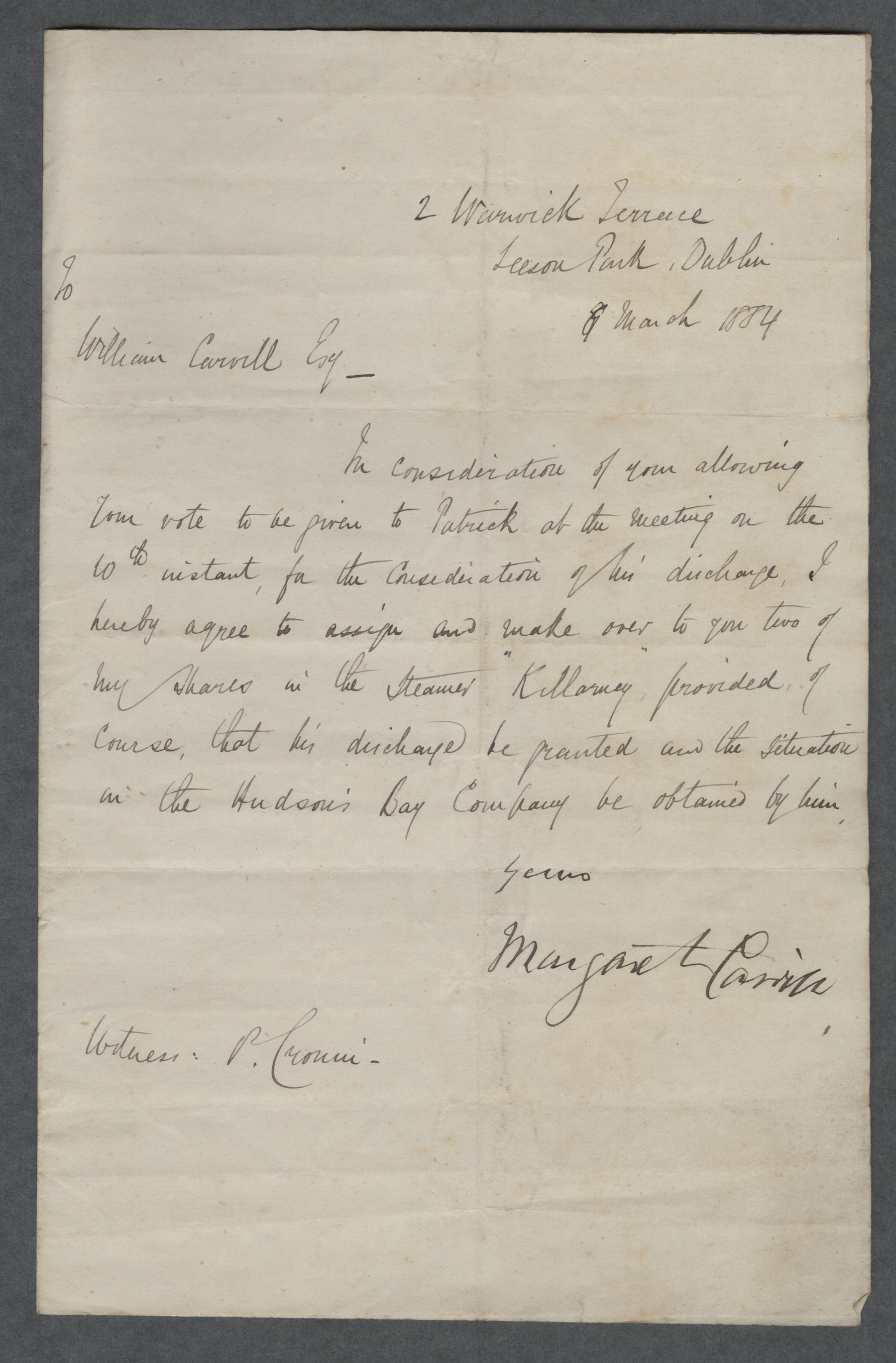 Letter to William Carvill from Margaret Carvill, dated 6 March 1884, 1 page.