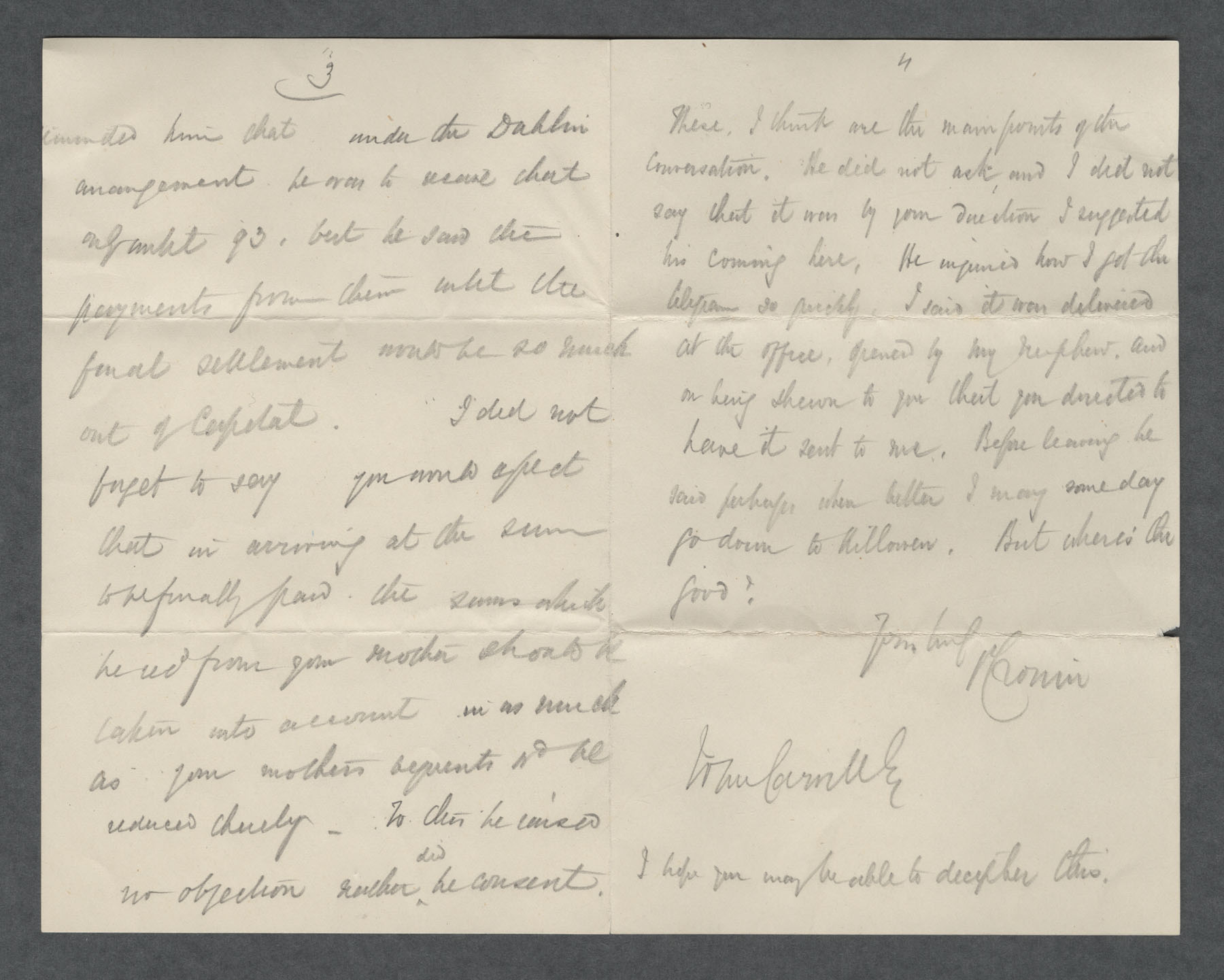 Letter to John Carvill re: Patrick George Carvill from P. Cronin dated 24 Sept 1890, pg 3-4