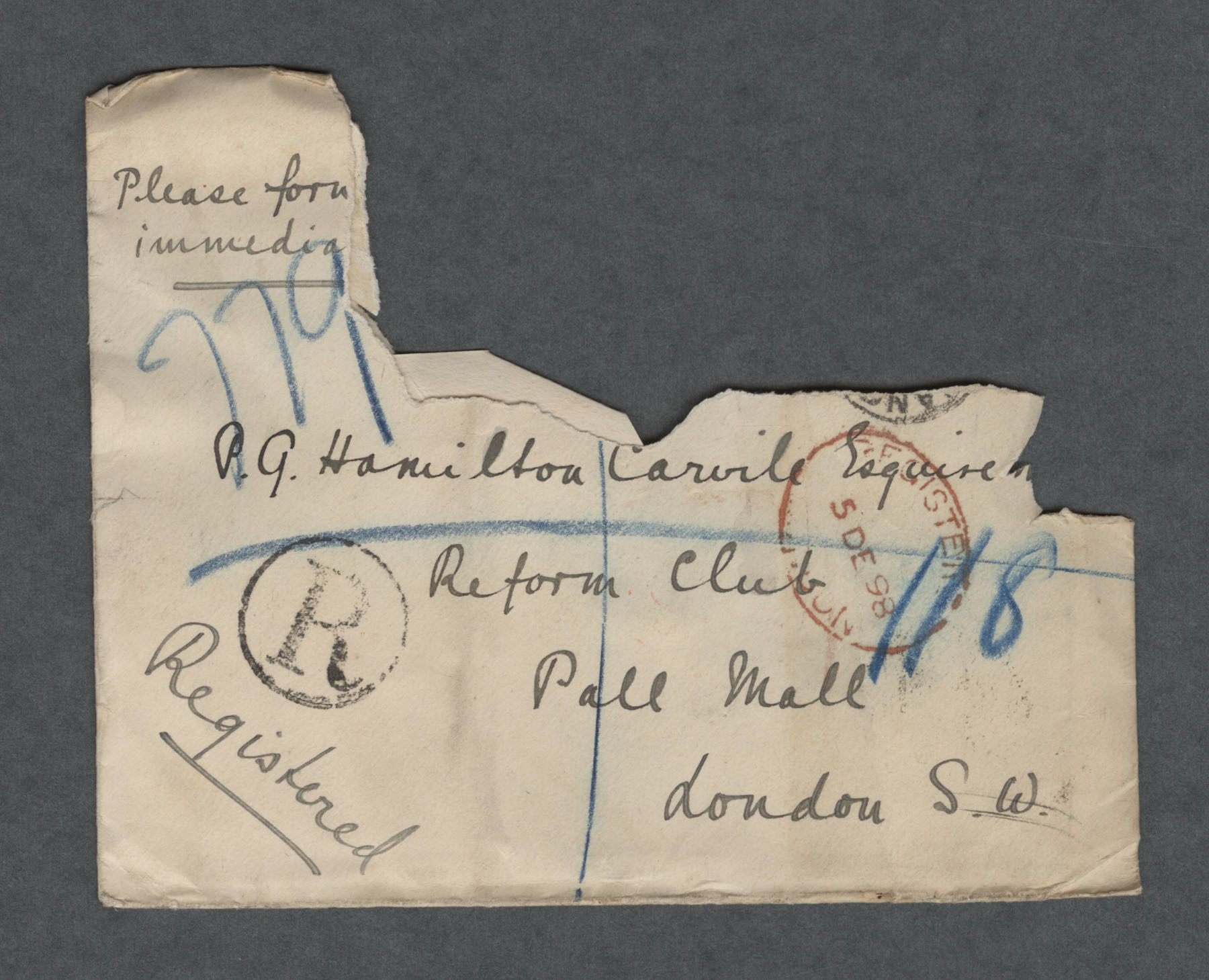 1898 letter to Patrick George Hamilton Carvill, Esq, London, from his son, Tom - front of envelope