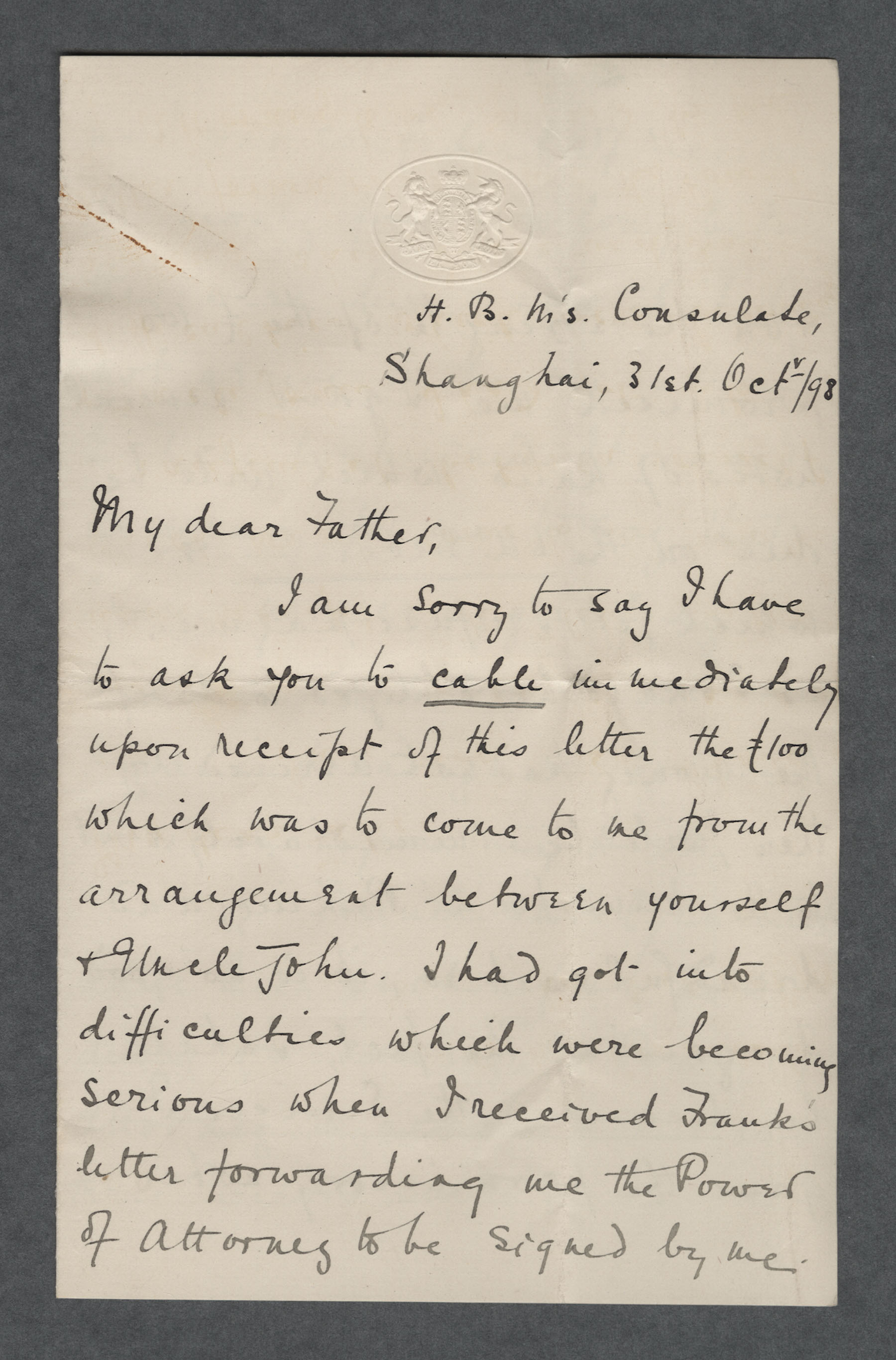 1898 letter to Patrick George Hamilton Carvill, Esq, London, from his son, Tom - page 1