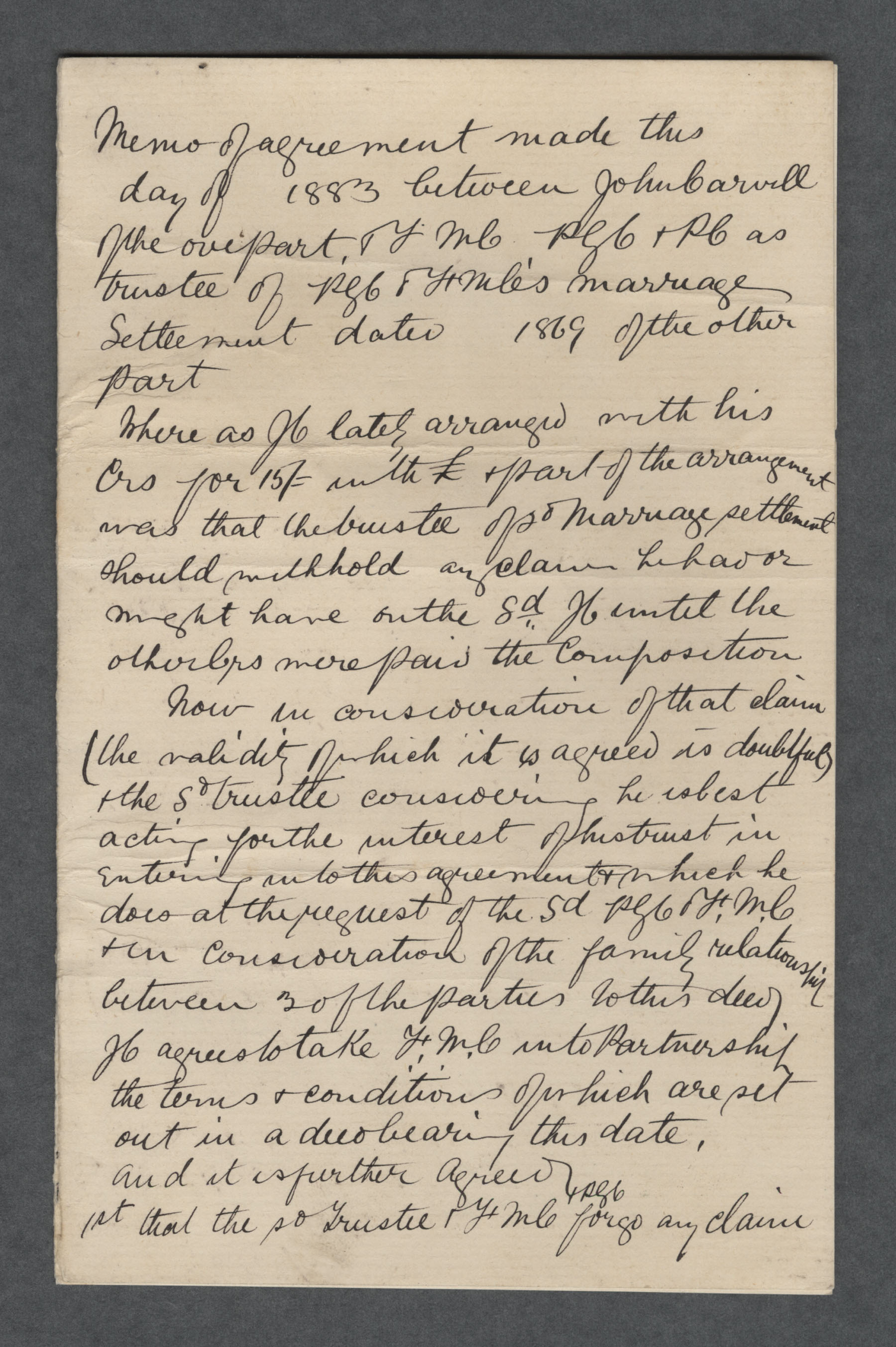 Memo of Agreement, dated 1883, between John Carvill &amp; PGC re: 1869 marriage settlement, p1