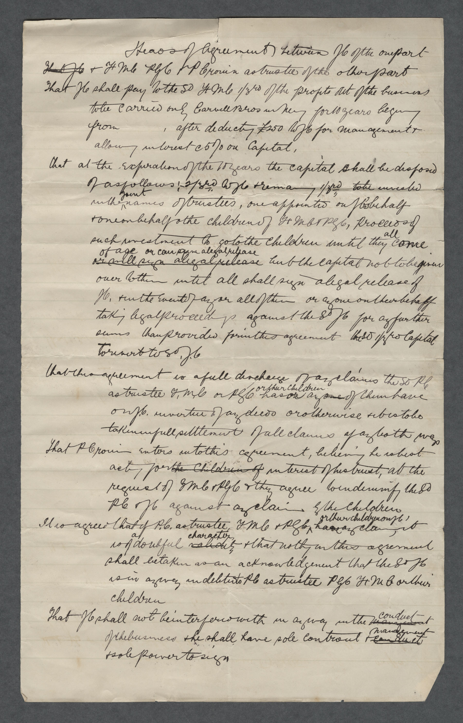 Memo of Agreement, dated 1883, between John Carvill &amp; PGC re: 1869 marriage settlement, p5