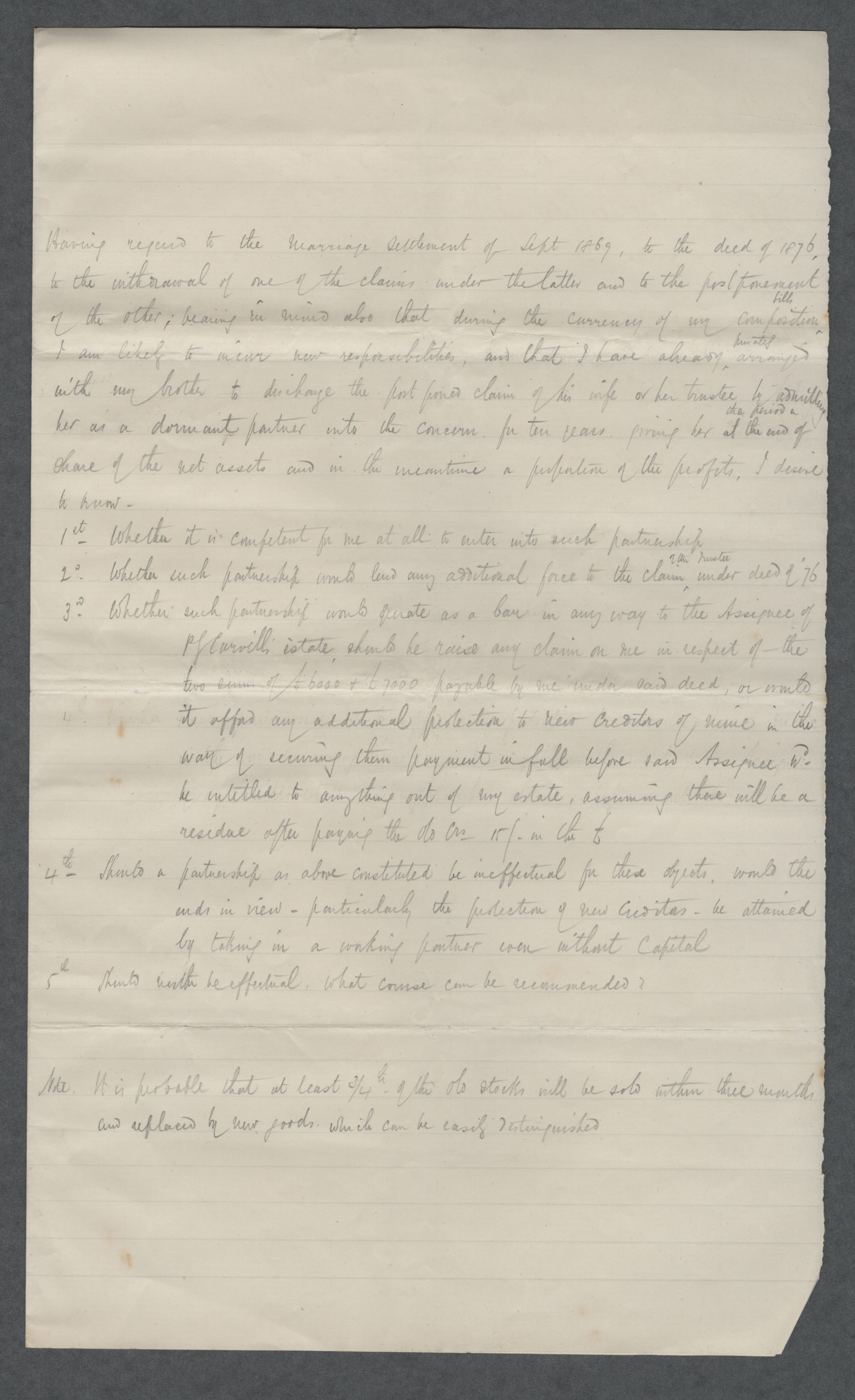 Letter with Questions to Trustee re: marriage settlement of Sept 1869 &amp; deed of 1876