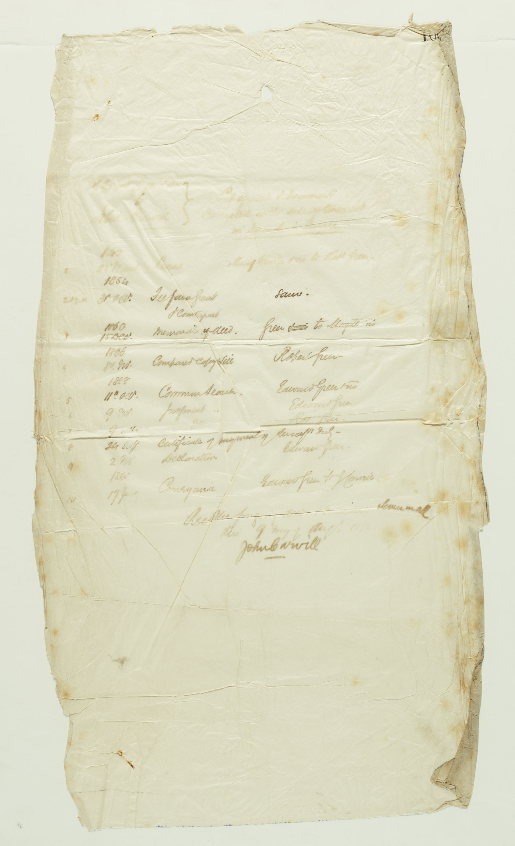 content page for folder 10, 1840-1889, John Carvill Estate documents