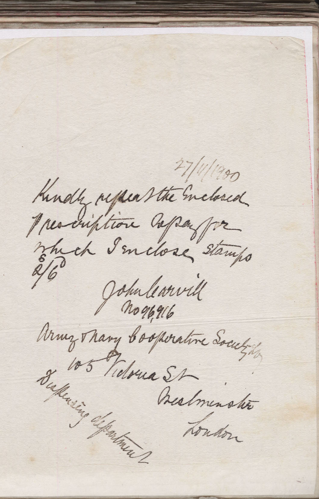 Carvill Letter Book:  no page #, Refill prescription request, 27 Nov 1900