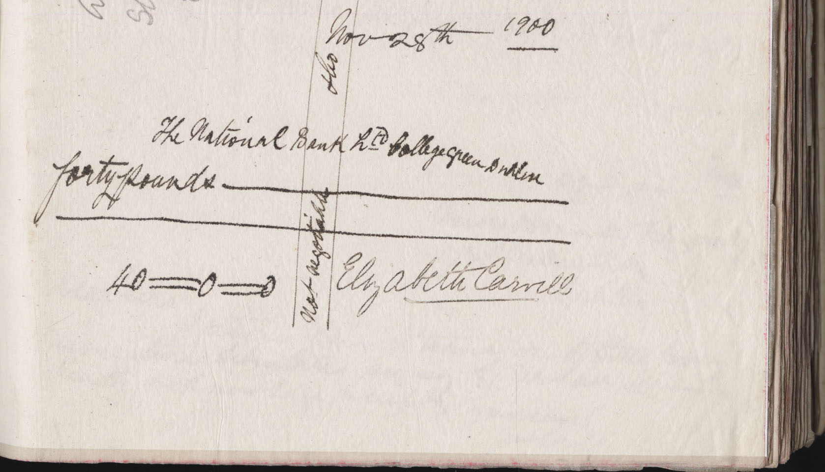 Carvill Letter Book: no page #, Check copy signed by Elizabeth Carvill, dated 28 Nov 1900