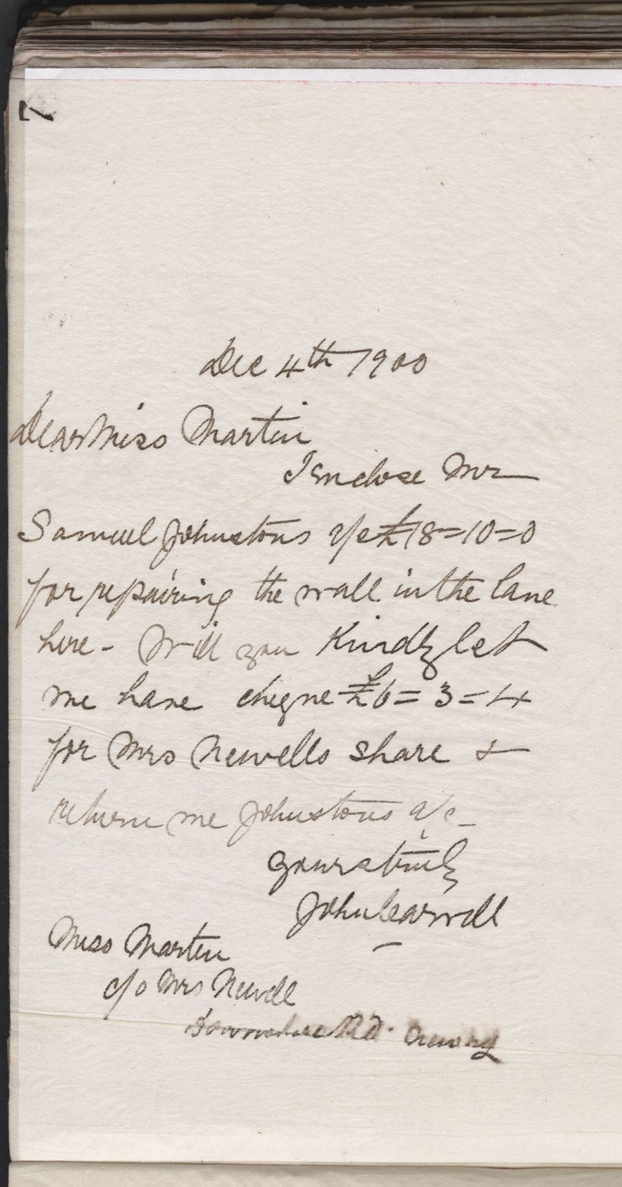 Carvill Letter Book, page 7, To Miss Martin from John Carvill, dated 4 Dec 1900