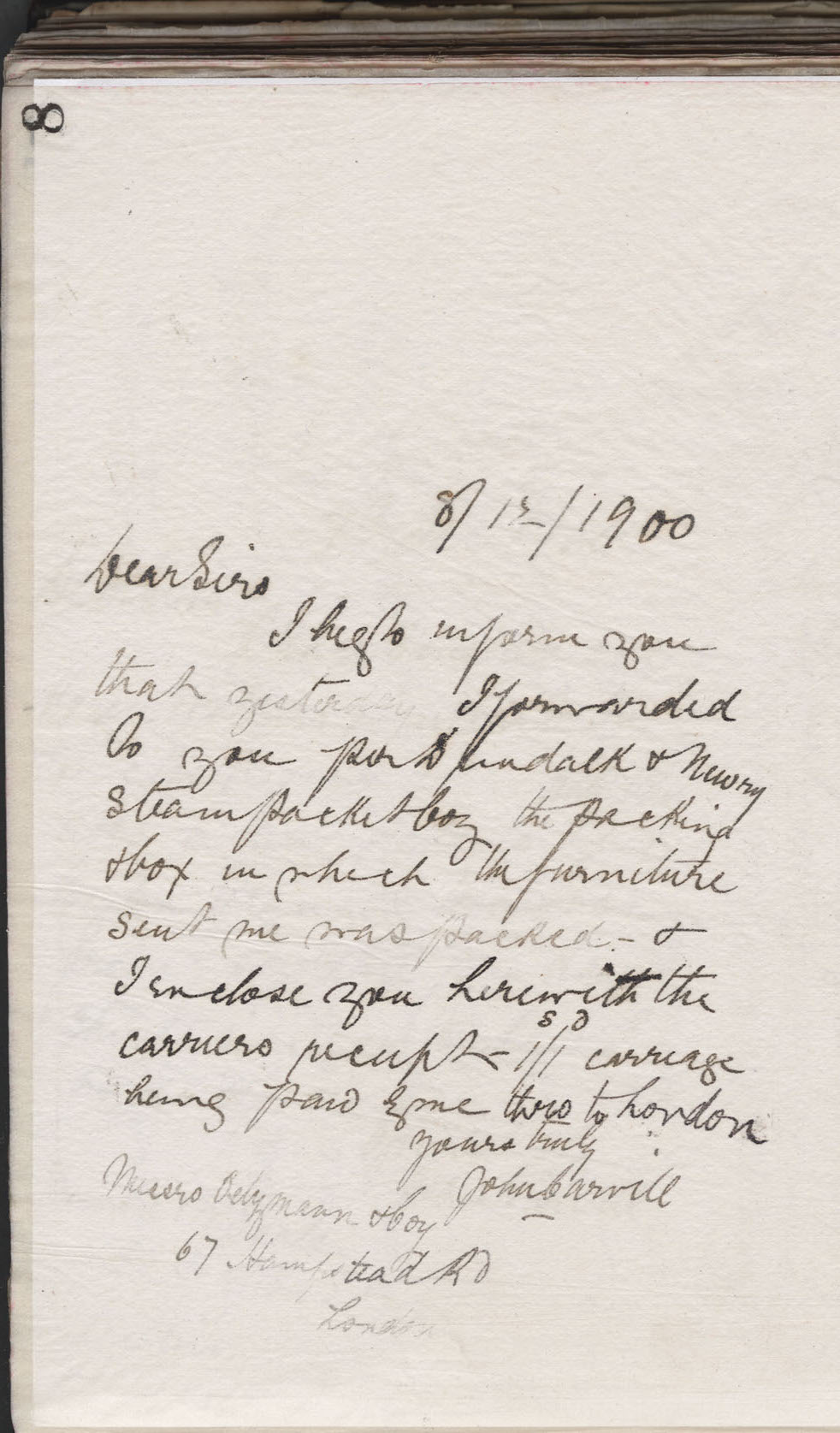 Carvill Letter Book, page 8, To  CAN'T READ     from John Carvill, dated 8 Dec 1900