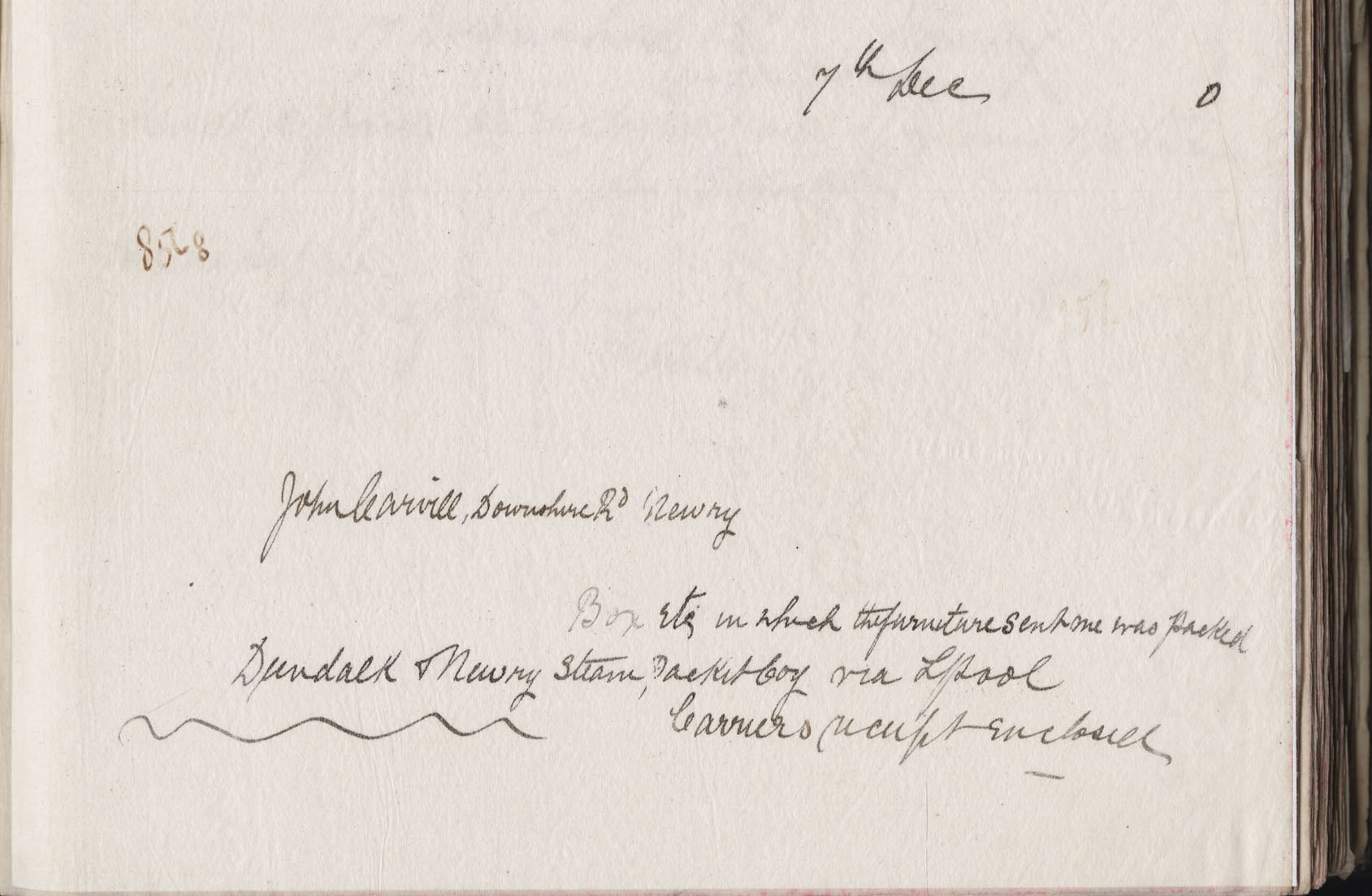 Carvill Letter book, no page #, note re: furniture packing box return, dated 7 Dec 1900