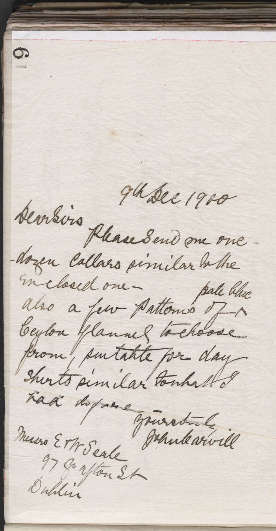 Carvill Letter Book, page 9, To  Messrs E &amp; W Seale from John Carvill, dated 9 Dec 1900