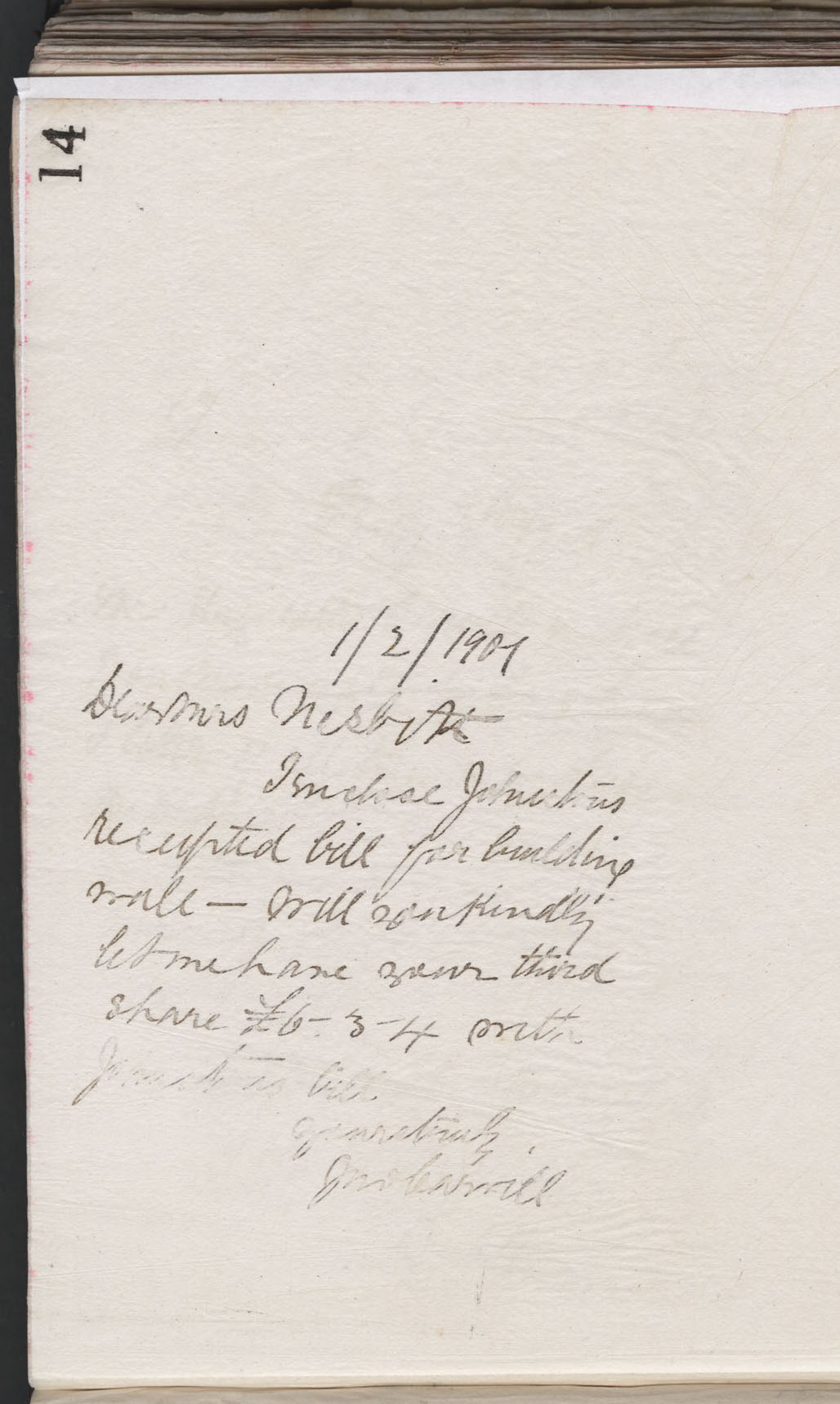 Carvill Letter Book, page 14, to Mrs. Nesbith from John Carvill, dated 1 Feb 1901