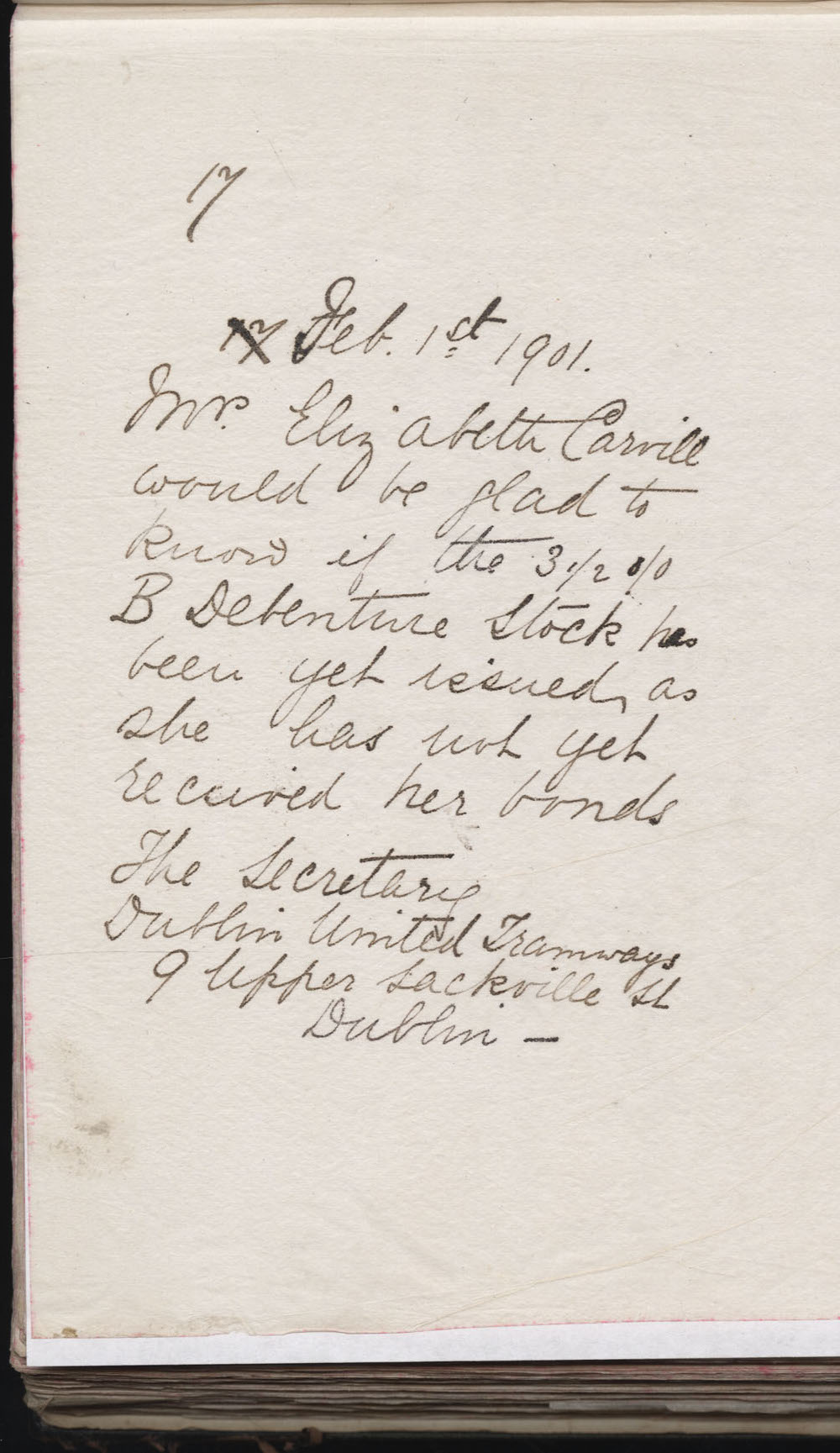 Carvill Letter Book, no page #, inquiry re: missing Debenture stocks, dated 1 Feb 1901