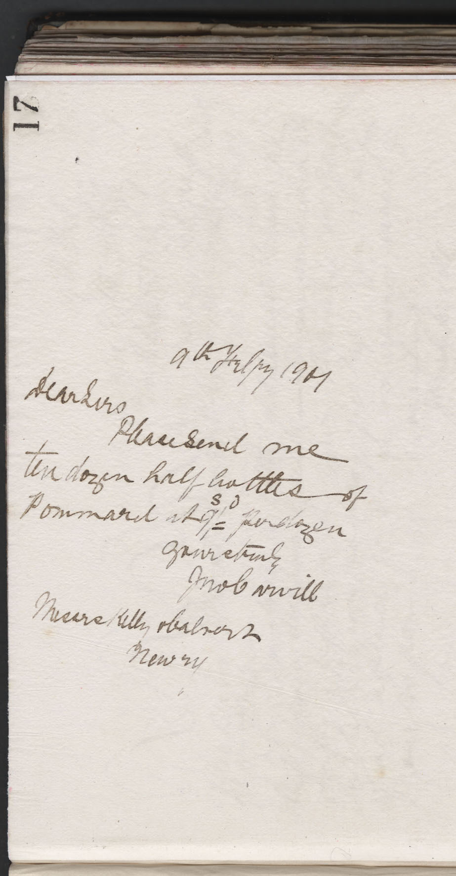 Carvill Letter Book, page 17, to Messrs  Kelly &amp; ???  from John Carvill, dated 9 Feb 1901