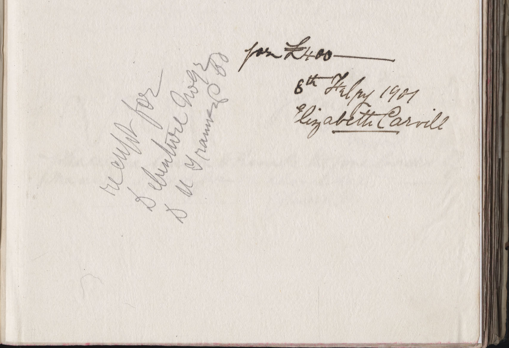 Carvill Letter Book, no page #, receipt for Debenture No 92 from Elizabeth Carvill, dated 8 Feb 1901